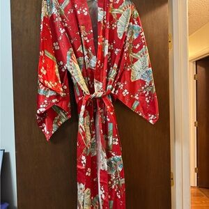 Red Floral Satin Kimono Robe with Tie Belt